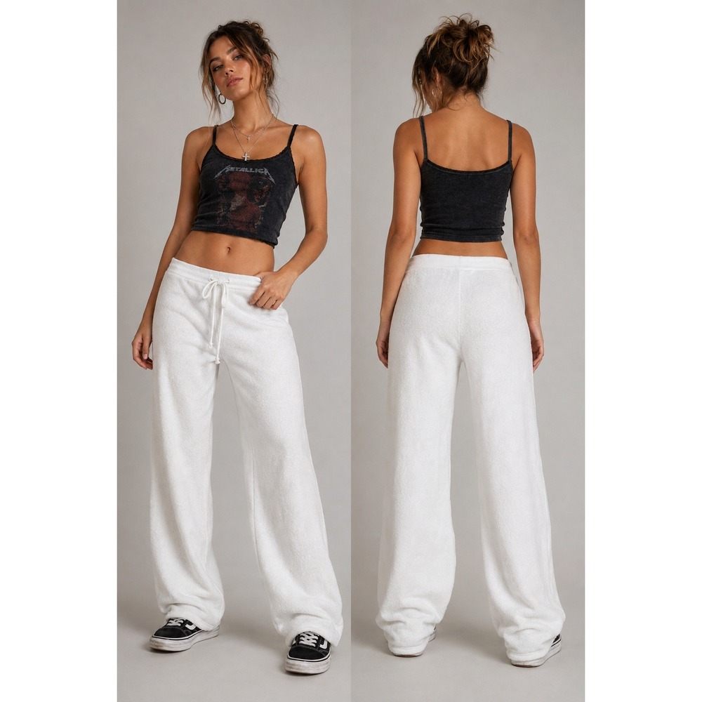 Vintage Juicy Couture Pants Womens Large White Velour Wide Leg Drawstring Y2K